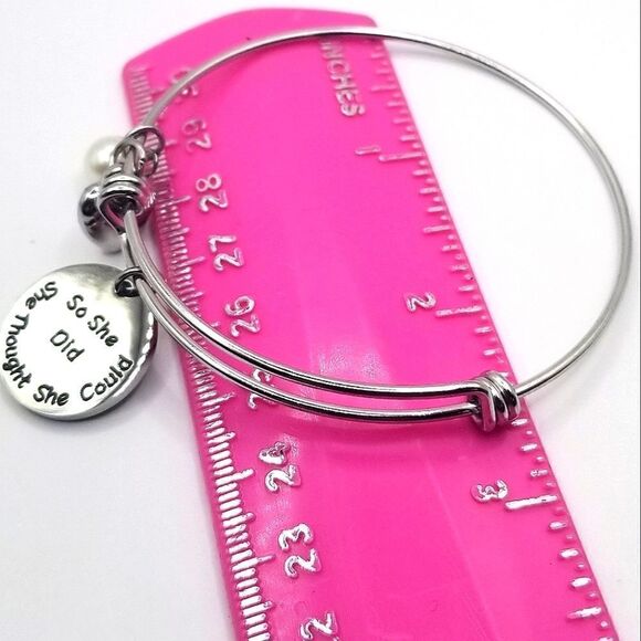 Silver toned ingraved Adustible charm bangle bracelet. - Picture 3 of 4